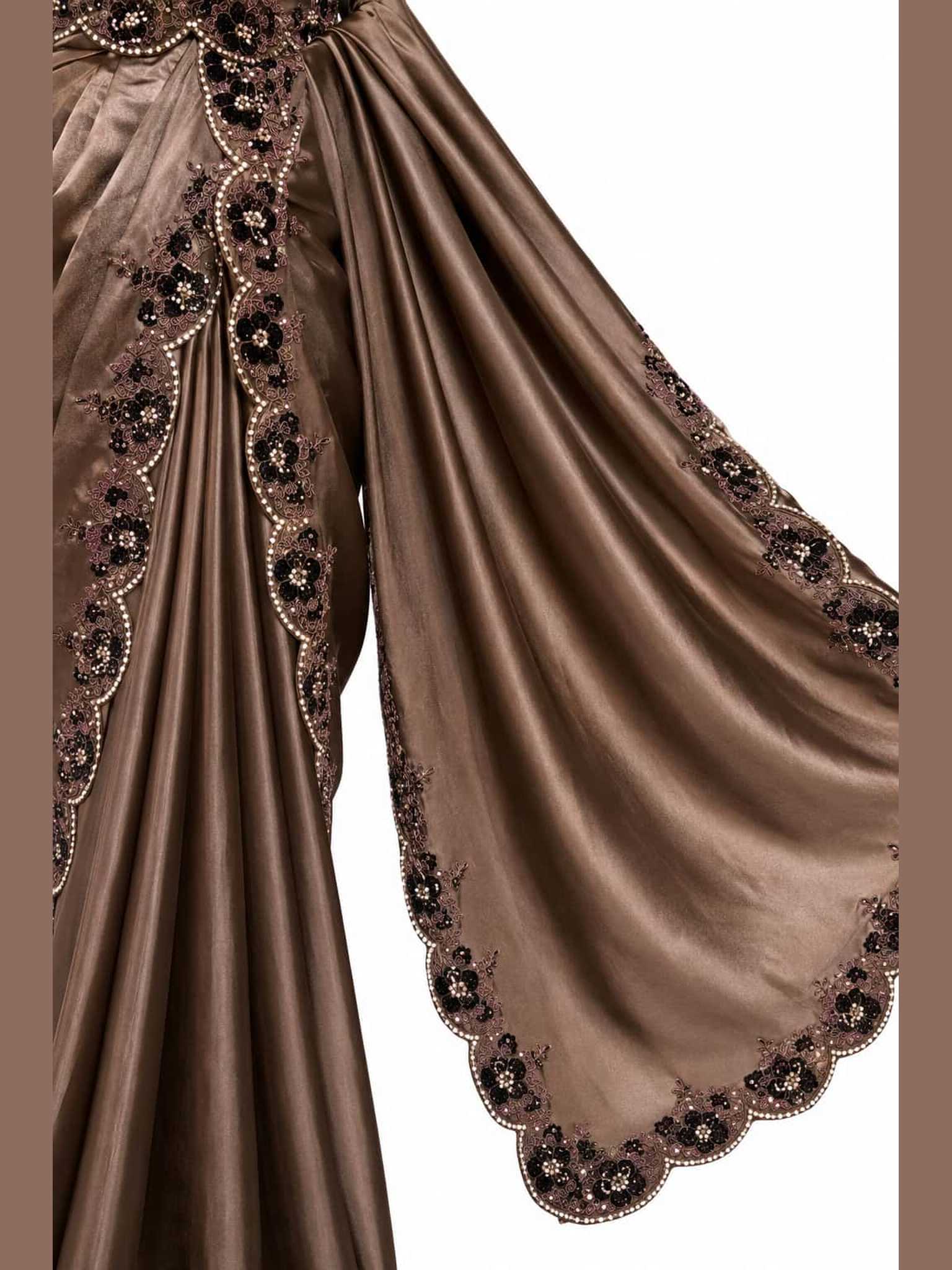 Coffee Brown Crepe Satin Silk Ready to Wear Drape Saree with Handwork Blouse and Belt