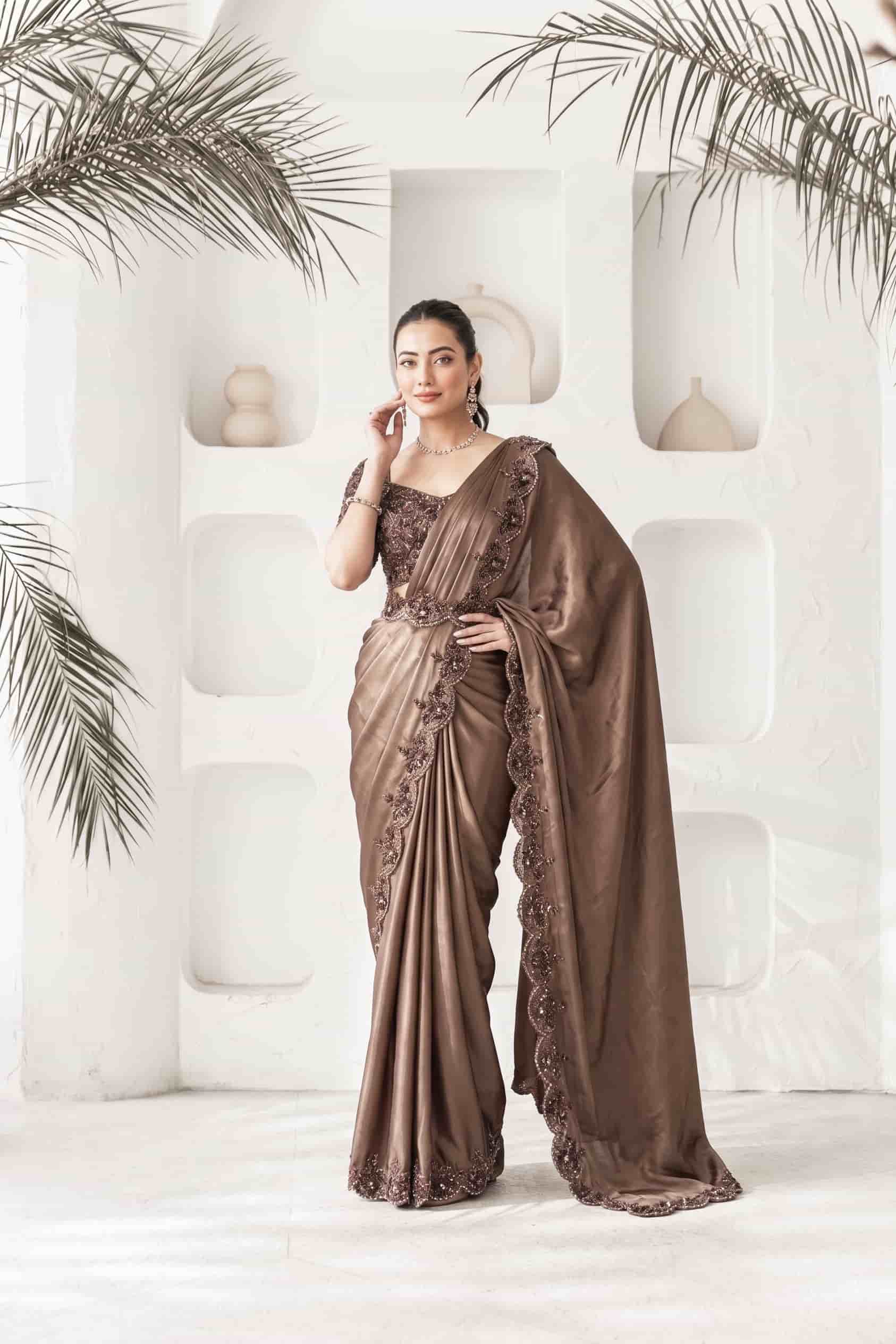 Mocha Brown Crepe Satin Silk Drape Saree with Pure Khatli Handwork