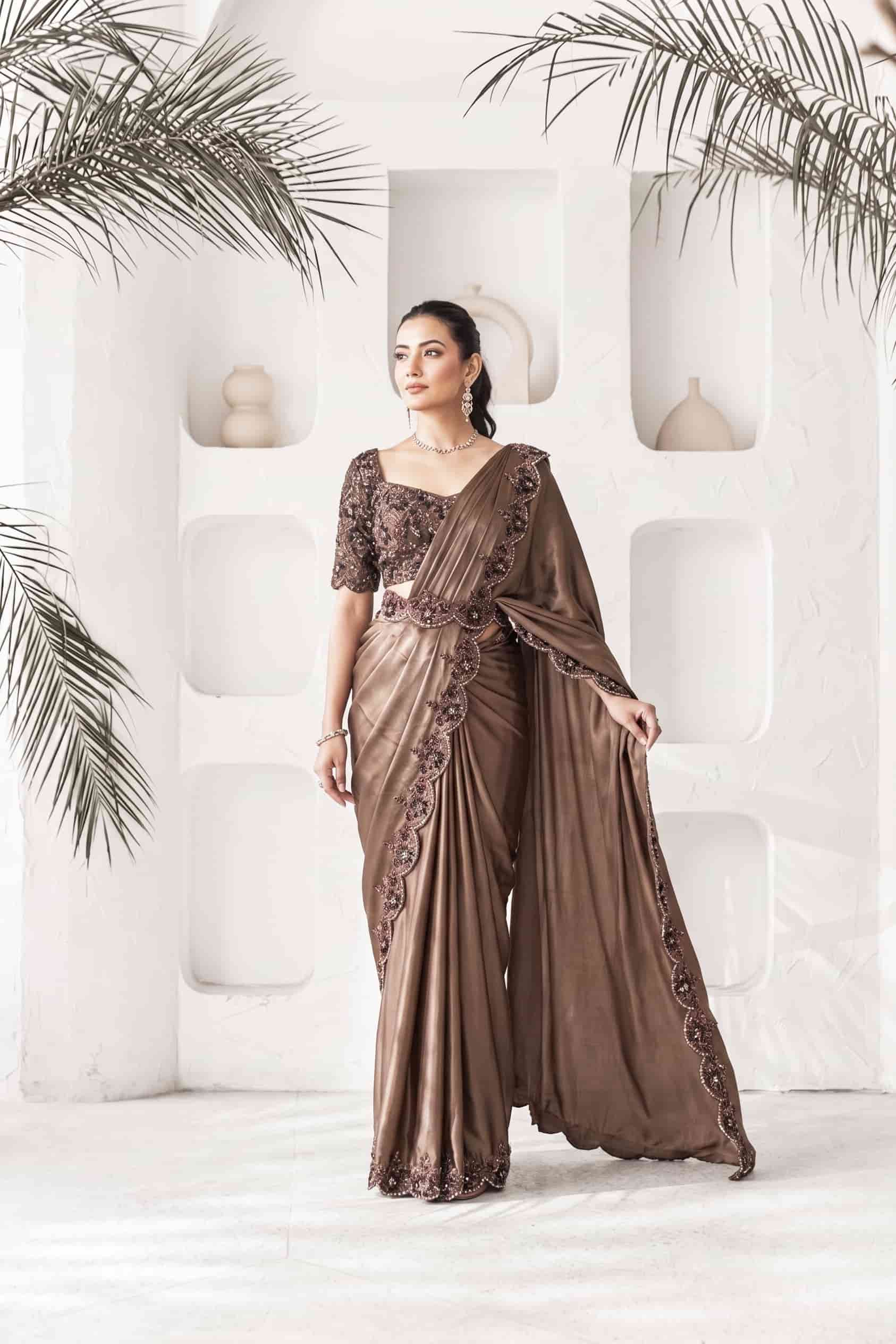 Mocha Brown Crepe Satin Silk Drape Saree with Pure Khatli Handwork