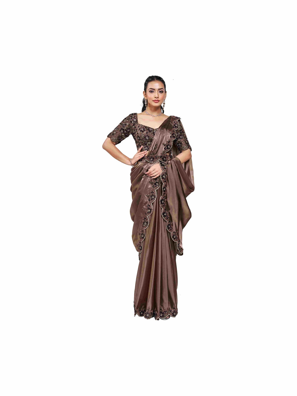 Coffee Brown Crepe Satin Silk Ready to Wear Drape Saree with Handwork Blouse and Belt