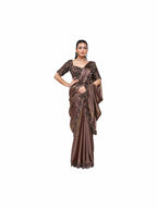 Coffee Brown Crepe Satin Silk Ready to Wear Drape Saree with Handwork Blouse and Belt