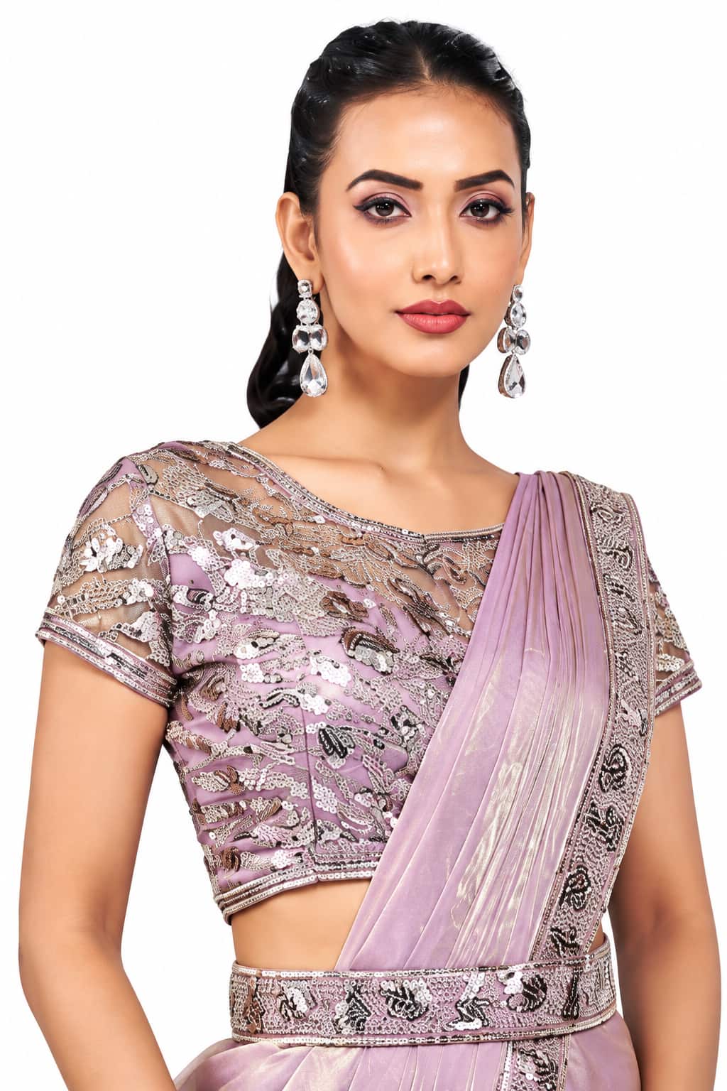 Lavender Pink Two Tone Satin Silk Ready to Wear Drape Saree with Handwork Blouse and Belt