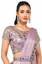 Lavender Pink Two Tone Satin Silk Ready to Wear Drape Saree with Handwork Blouse and Belt