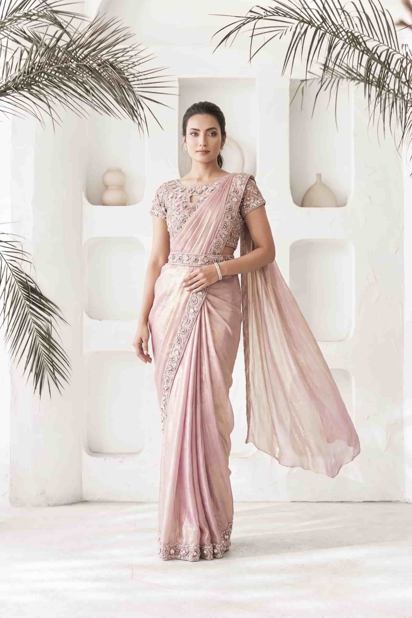 Blush Pink Two Tone Satin Silk Drape Saree with Pure Khatli Handwork