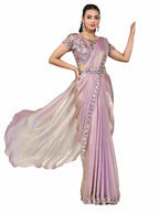 Lavender Pink Two Tone Satin Silk Ready to Wear Drape Saree with Handwork Blouse and Belt