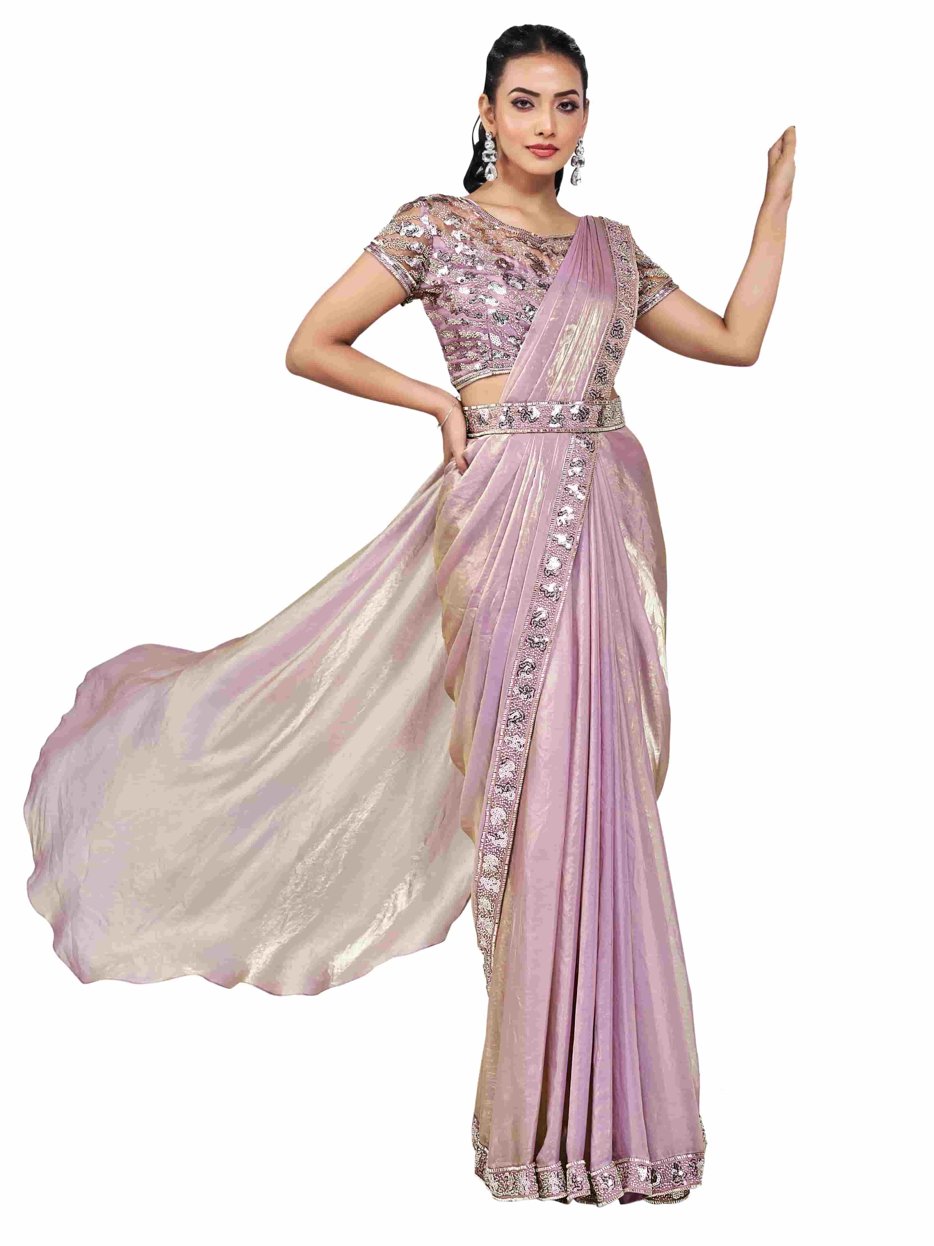Lavender Pink Two Tone Satin Silk Ready to Wear Drape Saree with Handwork Blouse and Belt