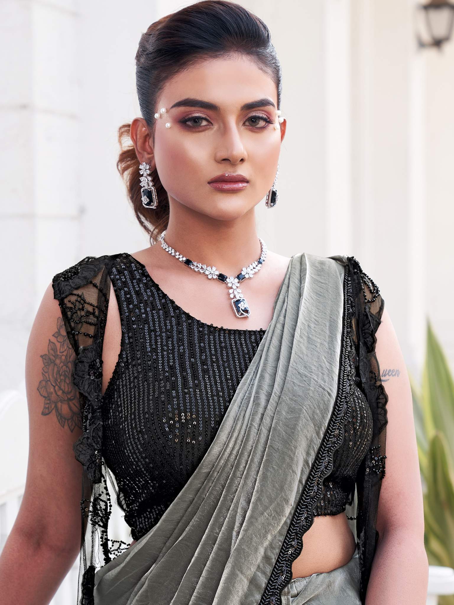 Dusty Grey Ombre Effect Satin Silk Pure Beads Handwork Drape Saree - View 2