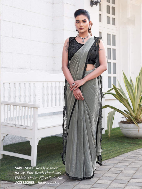Dusty Grey Ombre Effect Satin Silk Pure Beads Handwork Drape Saree - View 1