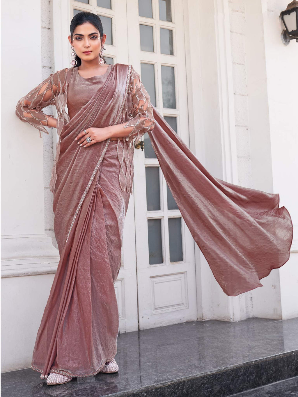 Pyaji Ombre Effect Satin Silk Pure Beads Handwork Drape Saree - View 4