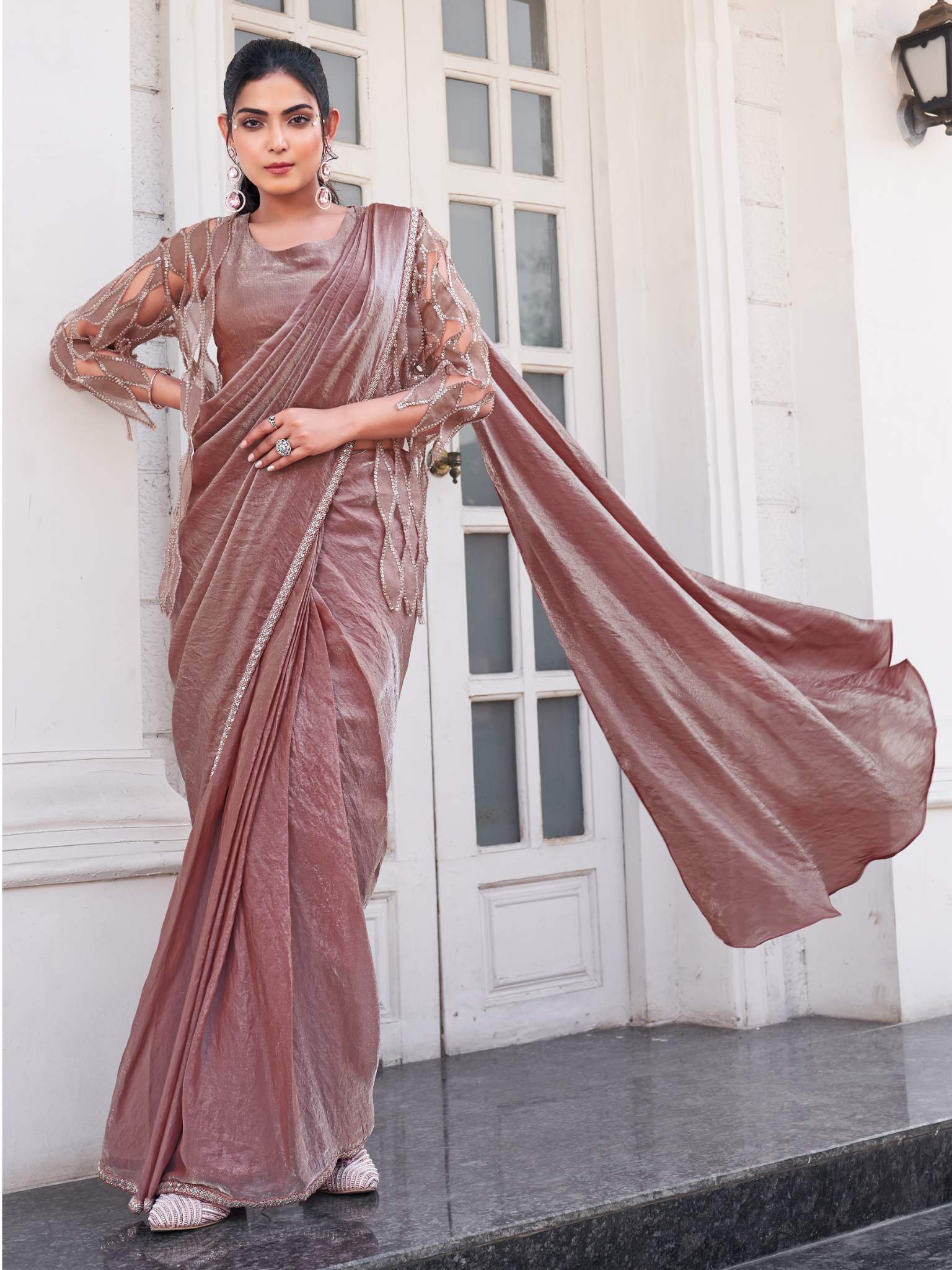 Pyaji Ombre Effect Satin Silk Pure Beads Handwork Drape Saree - View 4