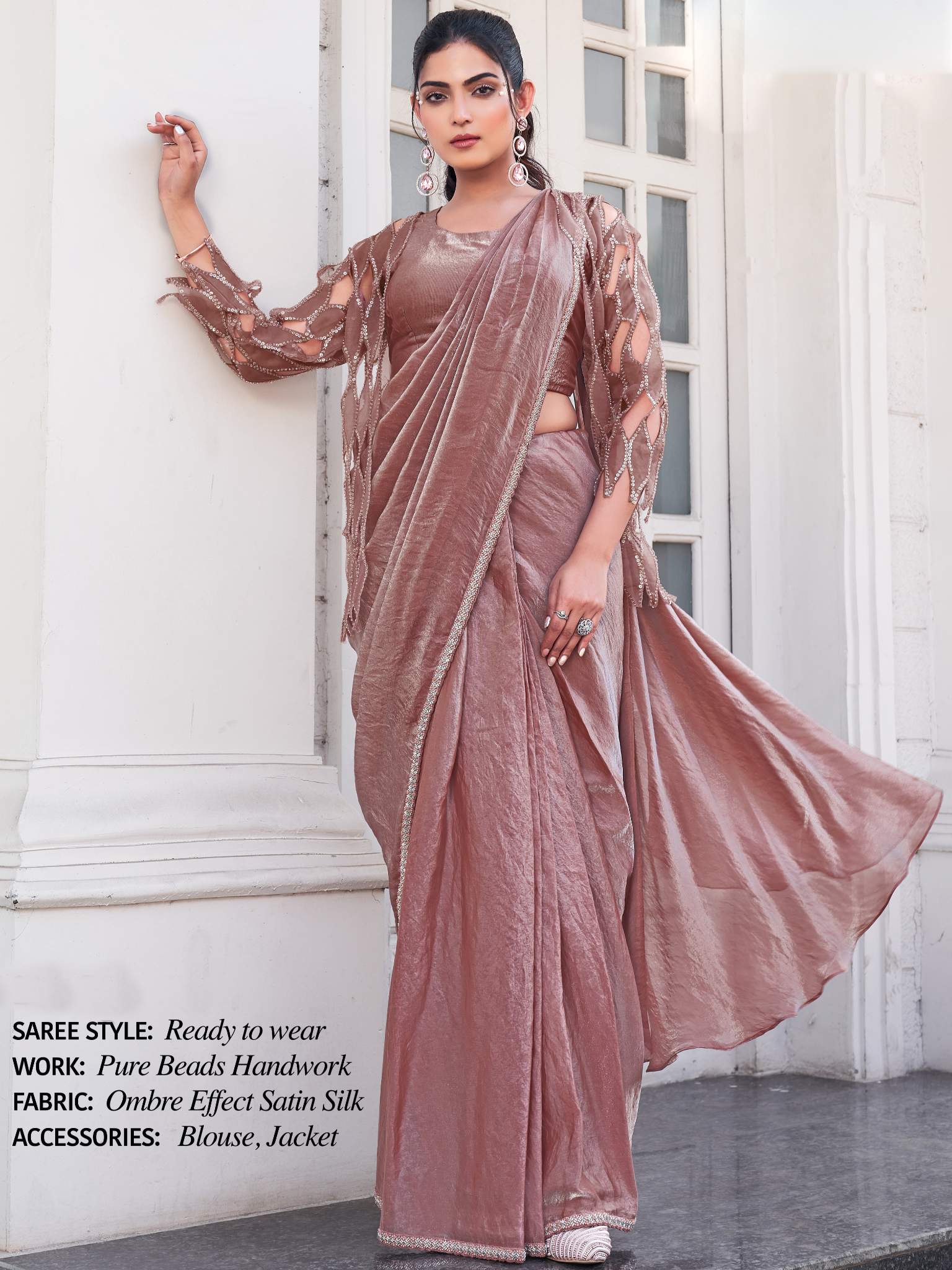 Pyaji Ombre Effect Satin Silk Pure Beads Handwork Drape Saree - View 1