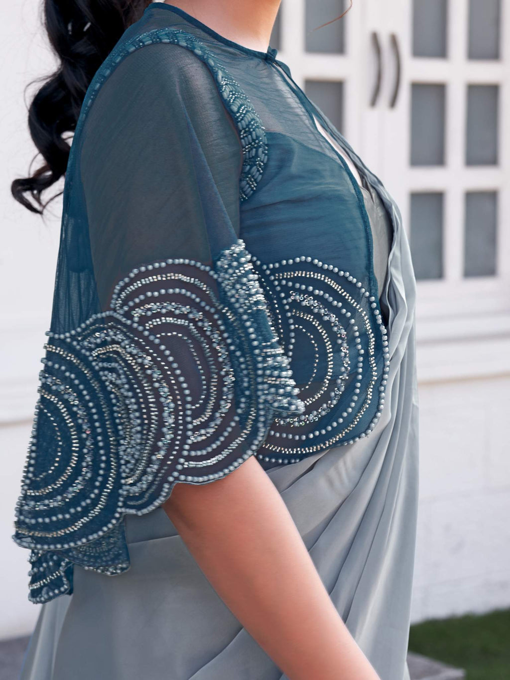 Dusty Grey Ombre Effect Satin Silk Pure Beads Handwork Drape Saree - View 2