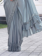 Dusty Grey Ombre Effect Satin Silk Pure Beads Handwork Drape Saree - View 3