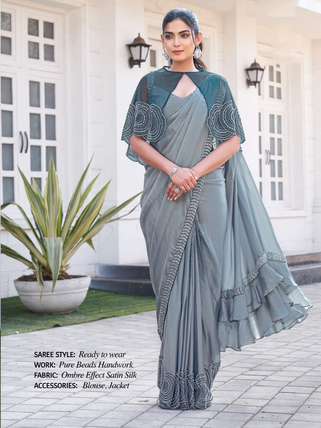 Dusty Grey Ombre Effect Satin Silk Pure Beads Handwork Drape Saree - View 1