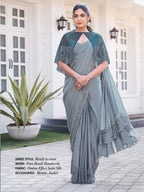 Dusty Grey Ombre Effect Satin Silk Pure Beads Handwork Drape Saree - View 1