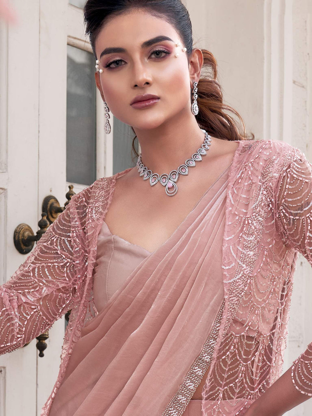 Peach Ombre Effect Satin Silk Pure Beads Handwork Drape Saree - View 2