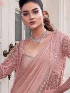 Peach Ombre Effect Satin Silk Pure Beads Handwork Drape Saree - View 2