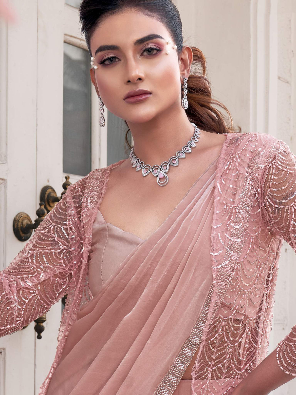 Peach Ombre Effect Satin Silk Pure Beads Handwork Drape Saree - View 2