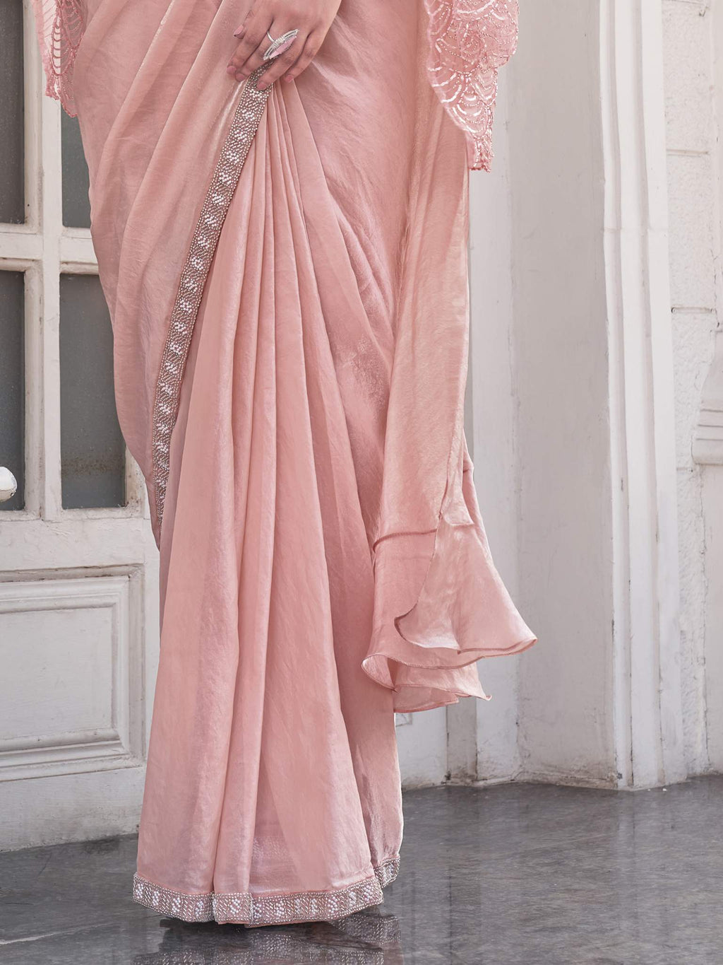 Peach Ombre Effect Satin Silk Pure Beads Handwork Drape Saree - View 3