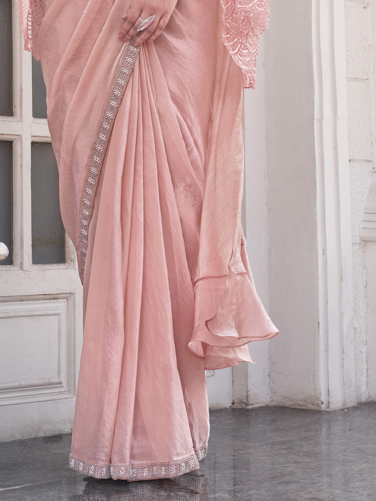 Peach Ombre Effect Satin Silk Pure Beads Handwork Drape Saree - View 3