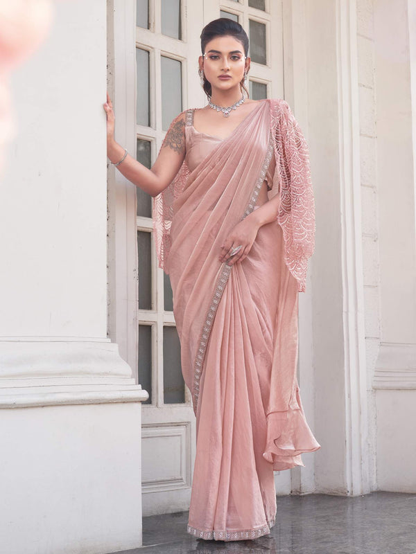 Peach Ombre Effect Satin Silk Pure Beads Handwork Drape Saree - View 1