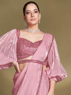 Baby Pink Two Tone Satin Silk Sequins Drape Saree - View 2