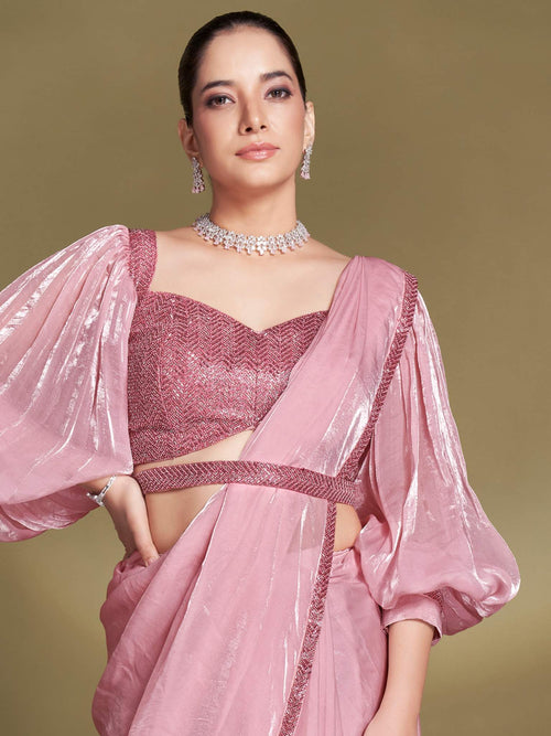 Baby Pink Two Tone Satin Silk Sequins Drape Saree - View 2