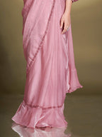Baby Pink Two Tone Satin Silk Sequins Drape Saree - View 3