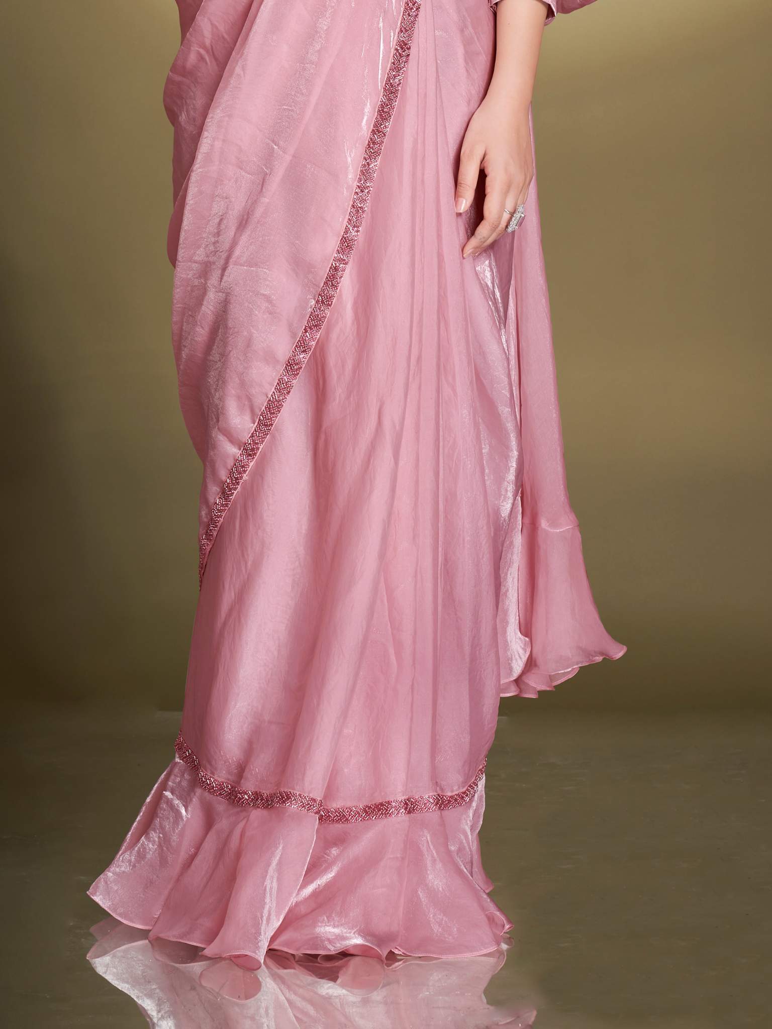 Baby Pink Two Tone Satin Silk Sequins Drape Saree - View 3