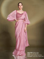 Baby Pink Two Tone Satin Silk Sequins Drape Saree - View 1
