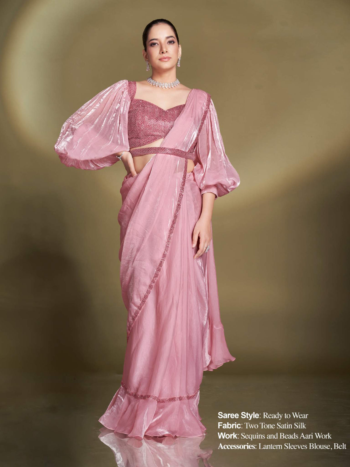 Baby Pink Two Tone Satin Silk Sequins Drape Saree - View 1