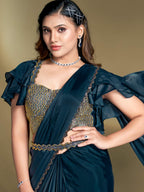 Teal Blue Crepe Satin Silk Sequins Drape Saree - View 2
