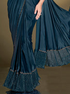 Teal Blue Crepe Satin Silk Sequins Drape Saree - View 3