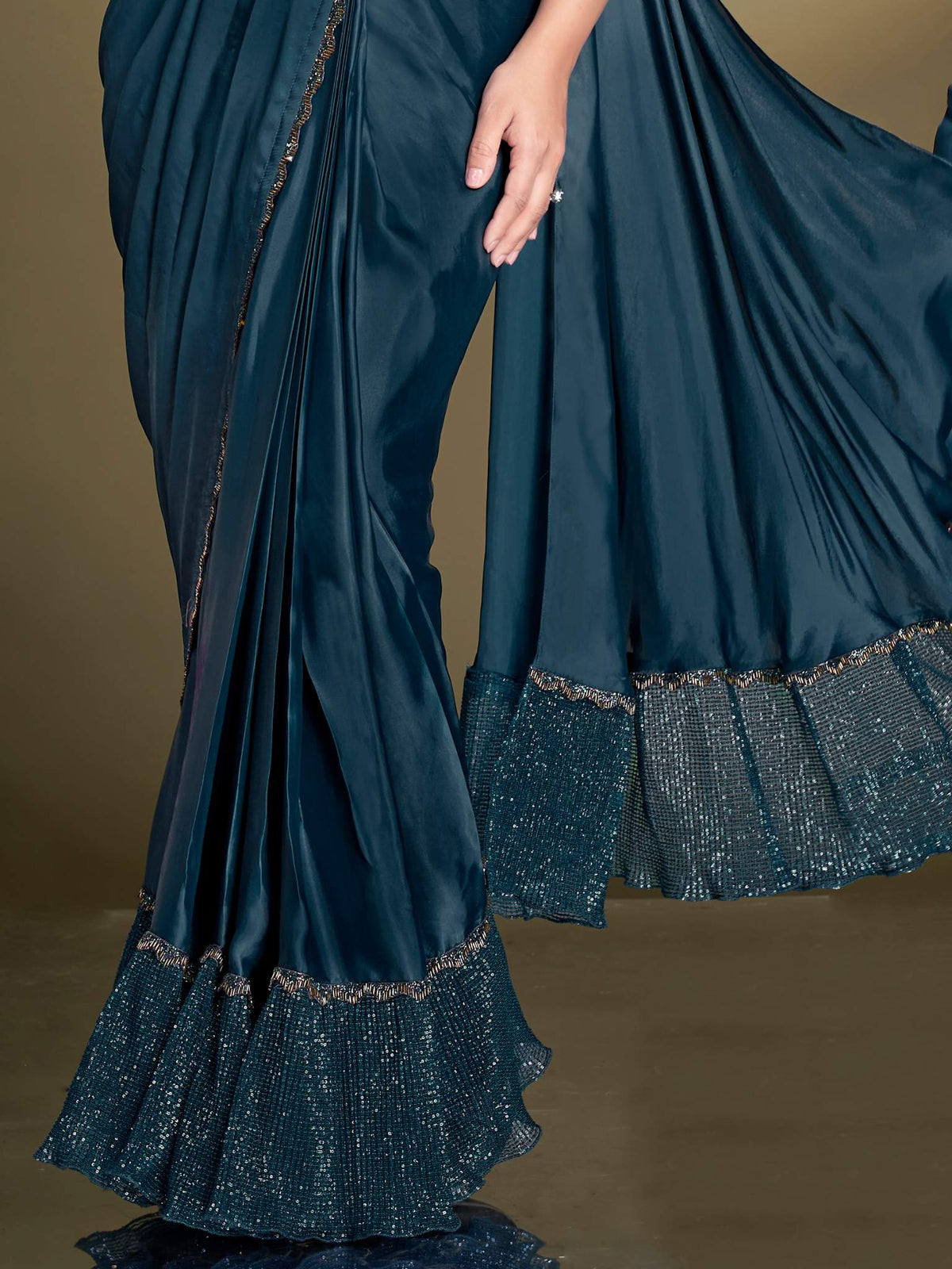 Teal Blue Crepe Satin Silk Sequins Drape Saree - View 3