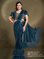 Teal Blue Crepe Satin Silk Sequins Drape Saree - View 1