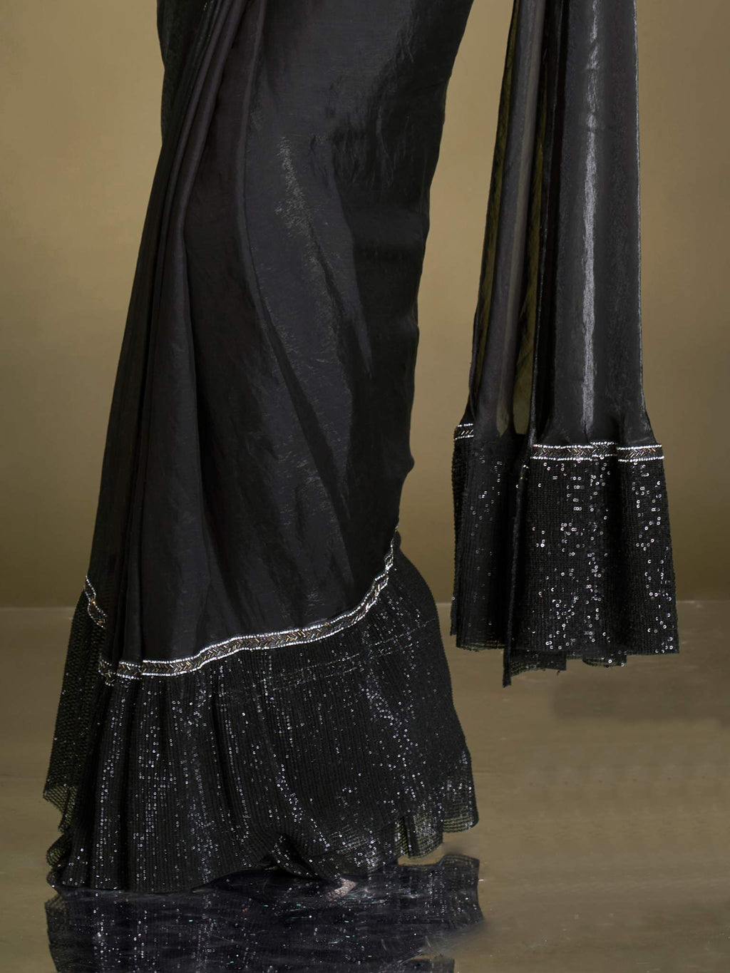 Black Two Tone Satin Silk Sequins Drape Saree - View 2