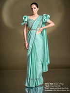 Sea Green Crepe Satin Silk Sequins Drape Saree