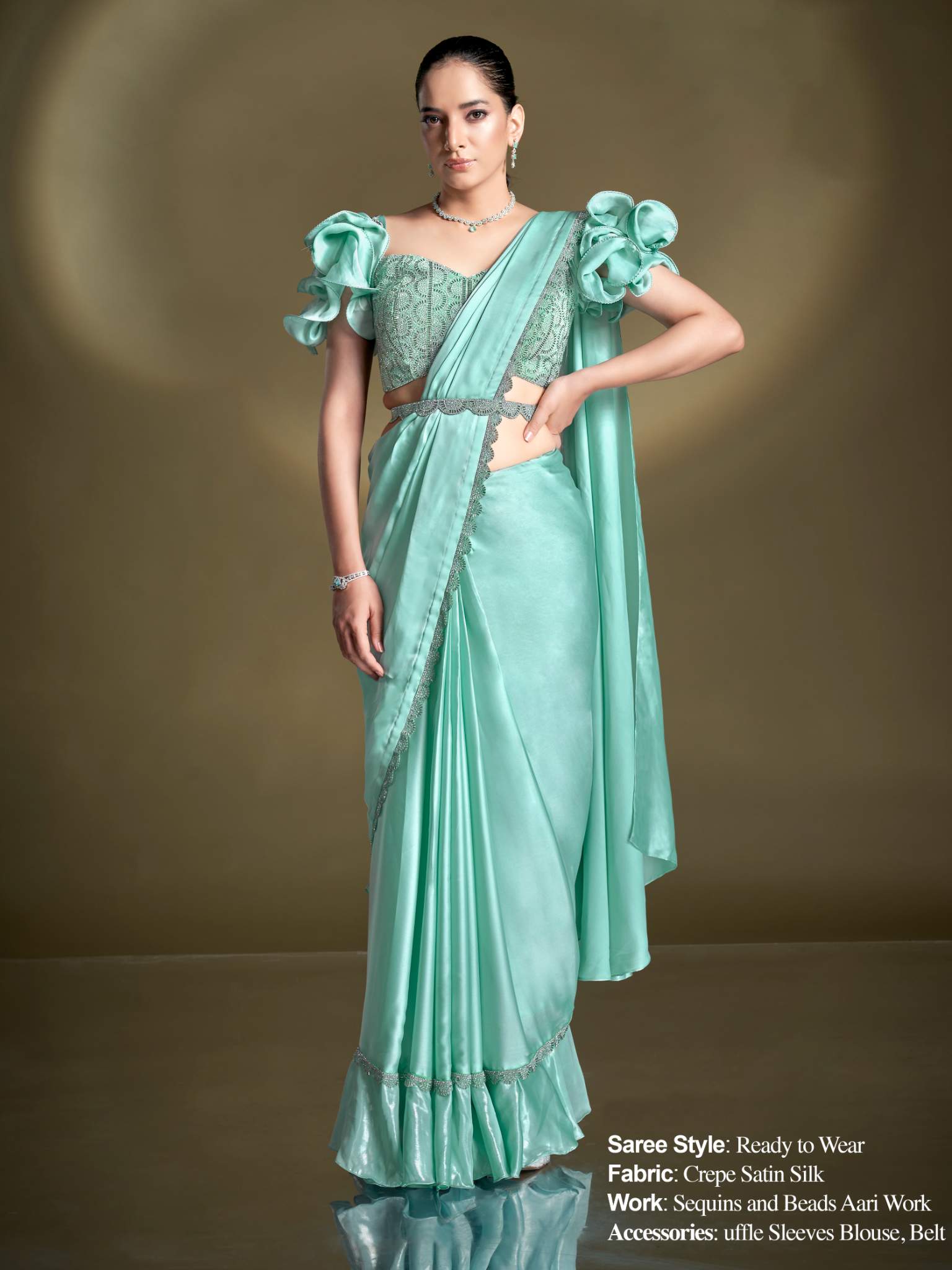 Sea Green Crepe Satin Silk Sequins Drape Saree