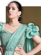 Sea Green Crepe Satin Silk Sequins Drape Saree - View 1