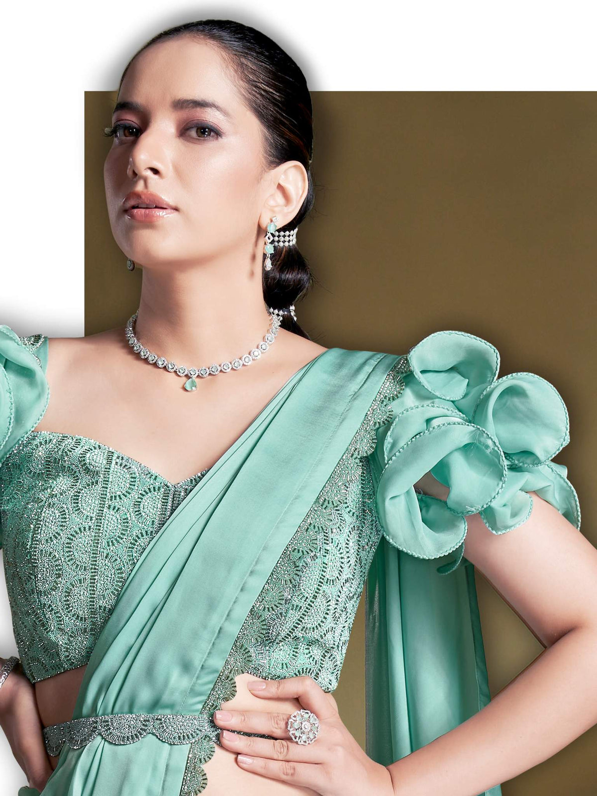 Sea Green Crepe Satin Silk Sequins Drape Saree - View 1