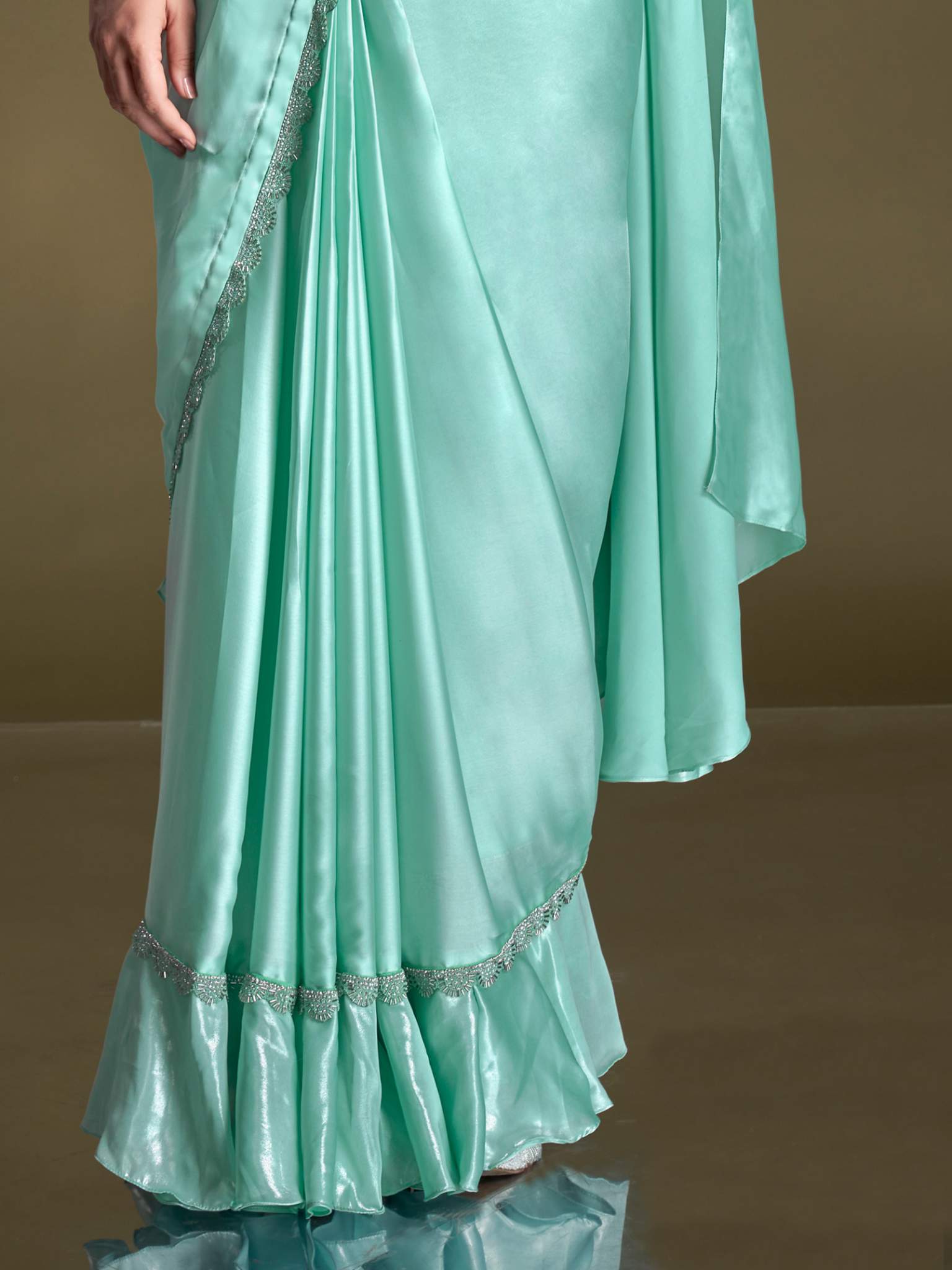 Sea Green Crepe Satin Silk Sequins Drape Saree - View 3