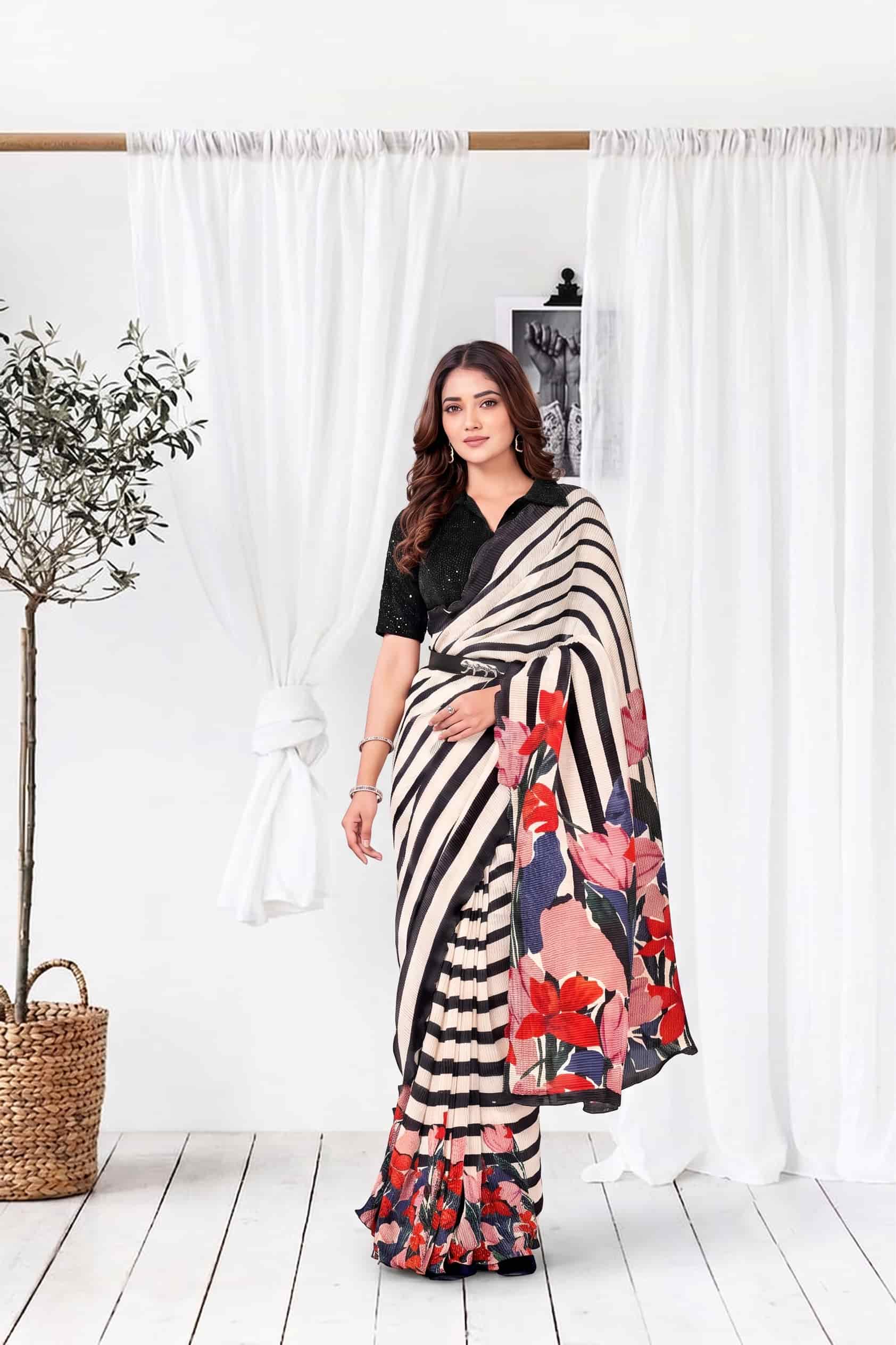 Black & White Striped Floral Ready to Wear Saree