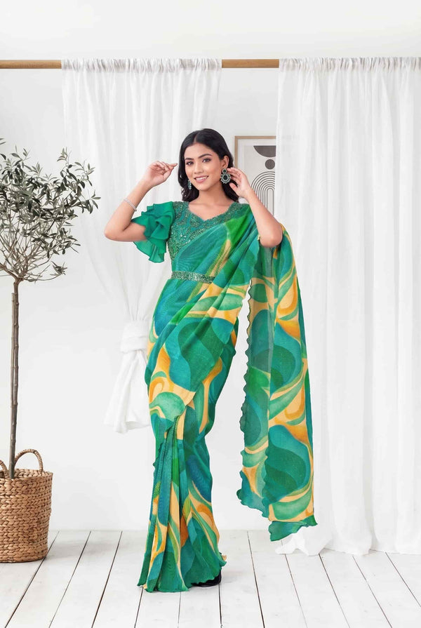 Green Pure Satin Silk Abstract Digital Print Ready to Wear Drape Saree
