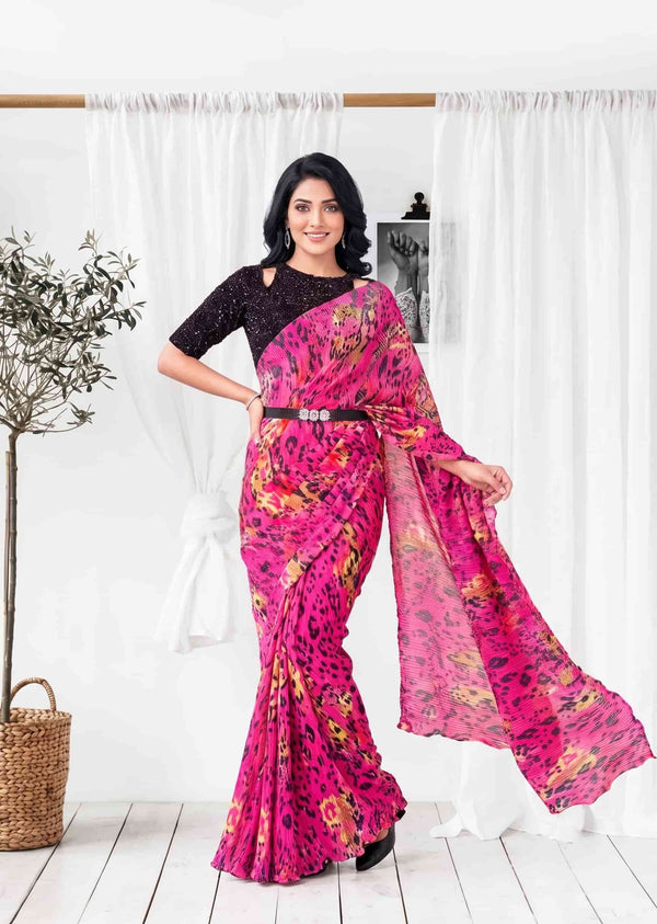 Pink Pure Satin Silk Abstract Digital Print Ready to Wear Drape Saree
