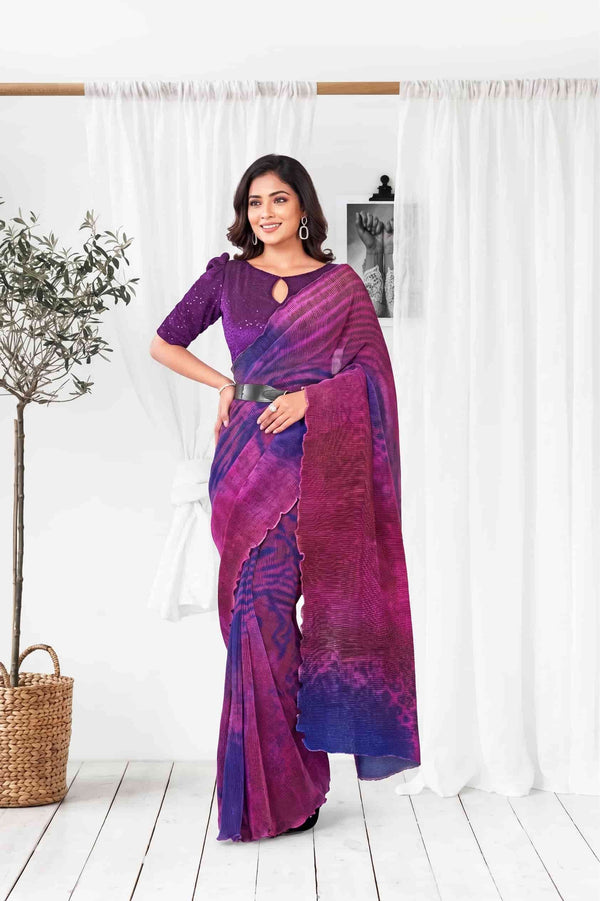 Pink Pure Satin Silk Abstract Digital Print Ready to Wear Drape Saree