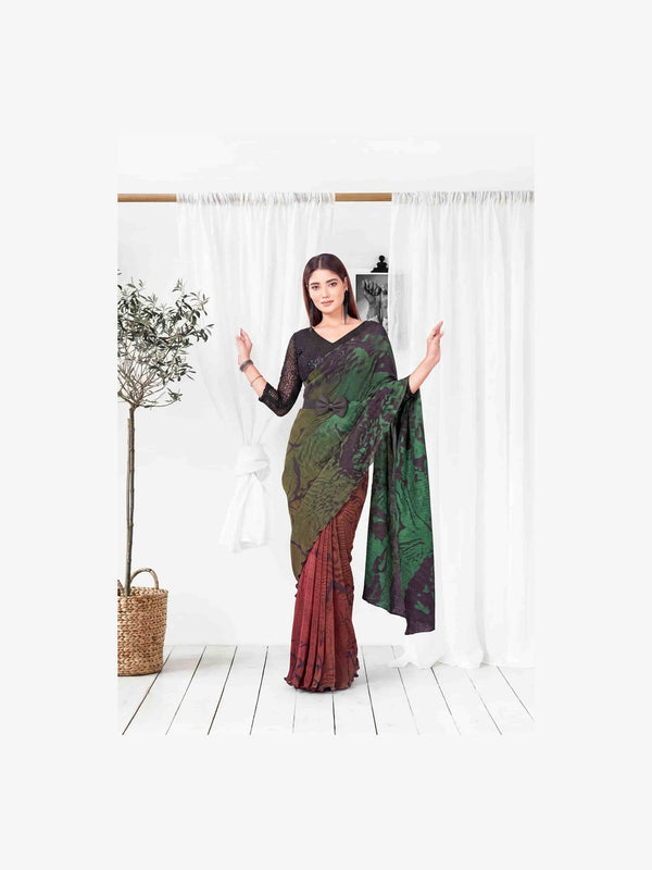 Green Pure Satin Silk Abstract Digital Print Ready to Wear Drape Saree
