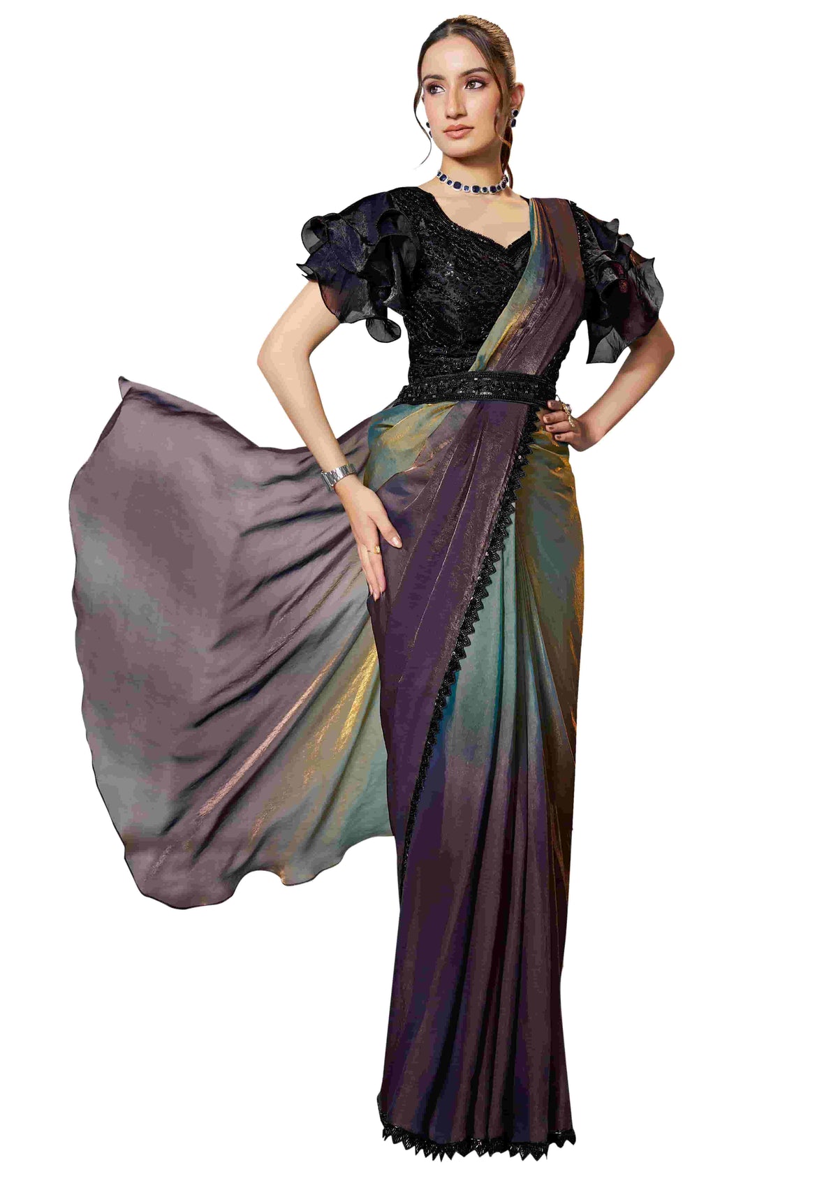 Plum Two Tone Satin Silk Ready to Wear Drape Saree - Naksh Creation