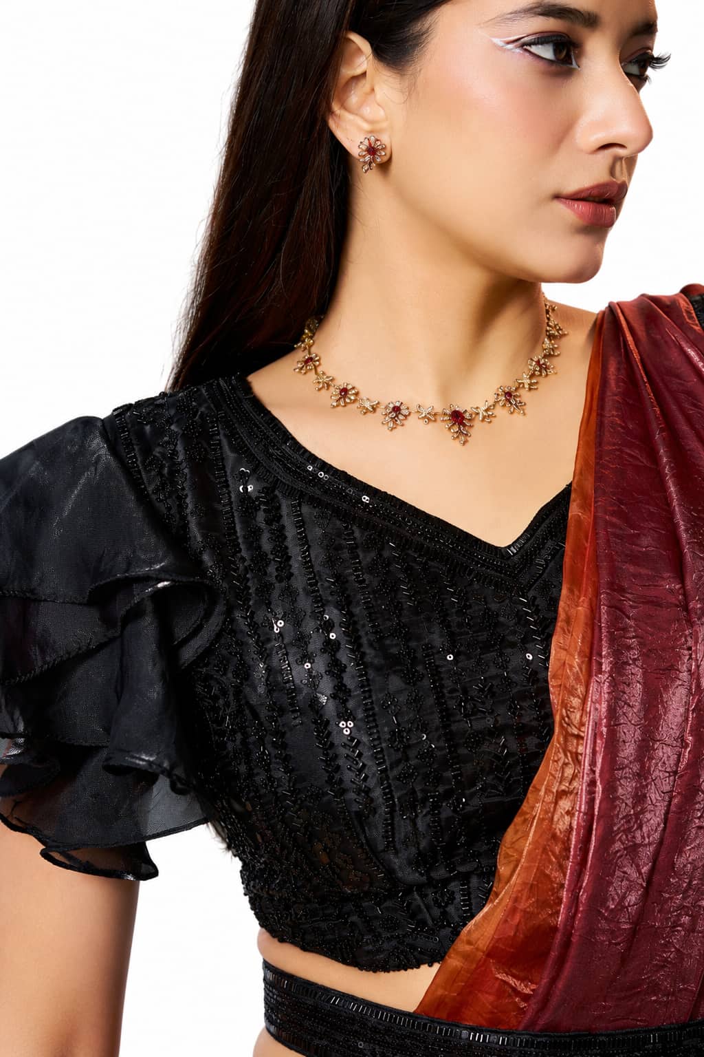 Rust Orange Two Tone Satin Silk Ready to Wear Drape Saree - Naksh Creation
