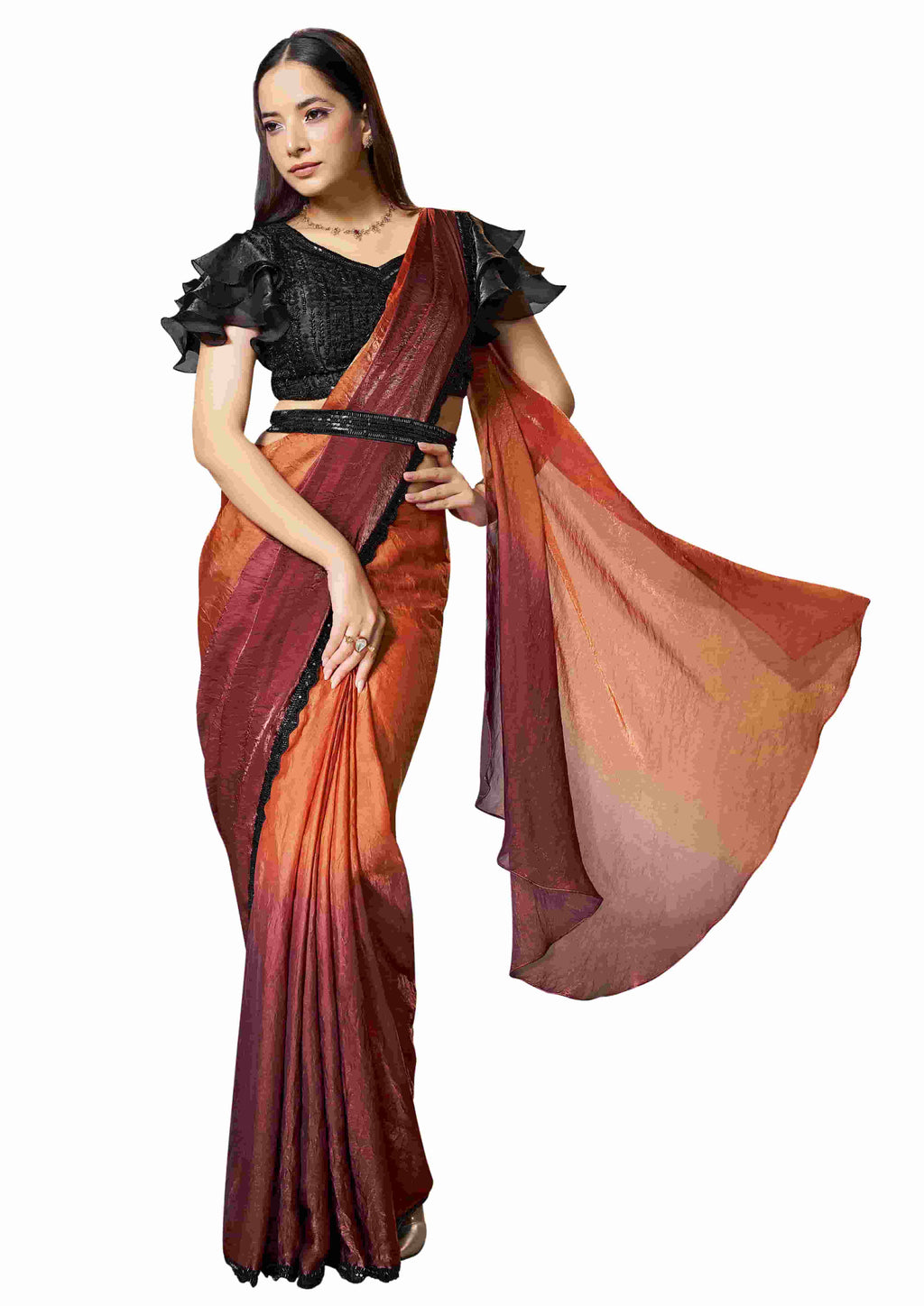 Rust Orange Two Tone Satin Silk Ready to Wear Drape Saree - Naksh Creation