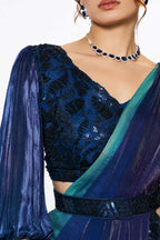 Navy Blue Two Tone Satin Silk Ready to Wear Drape Saree - Naksh Creation